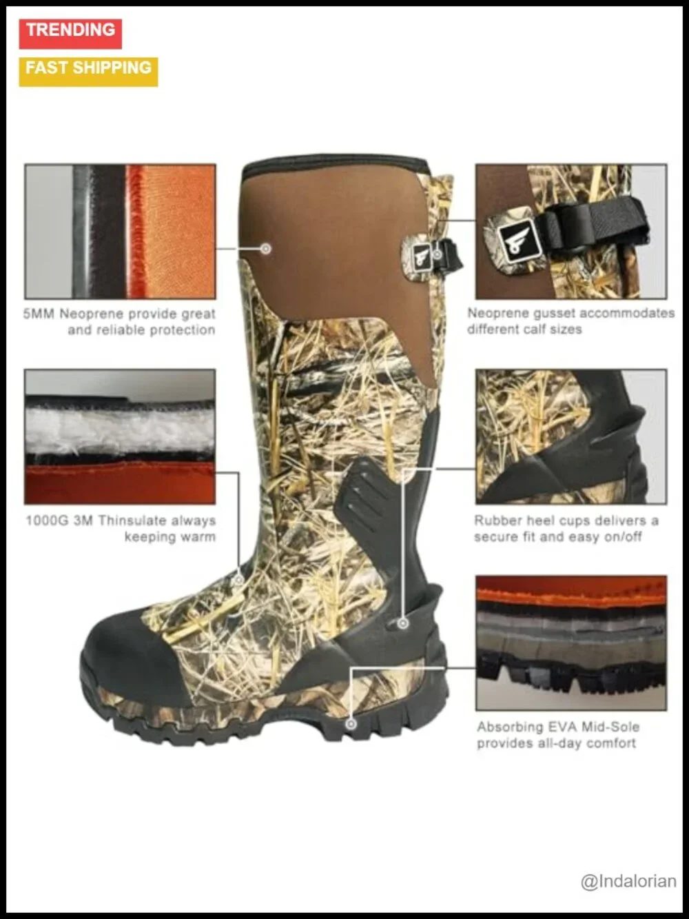 Insulated Waterproof Hunting Boots – 1000G Thinsulate, 5mm Neoprene, Rubber